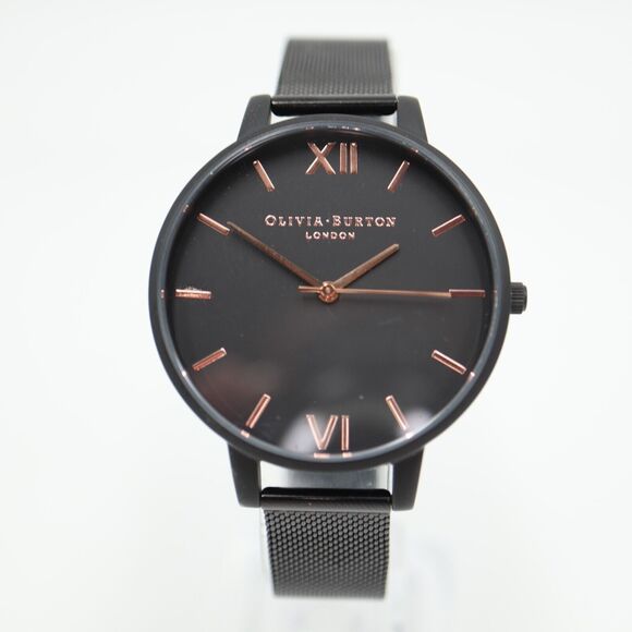 Olivia Burton Black Rose Gold Tone Watch 38mm Dial Steel Mesh Strap New Battery main image 10
